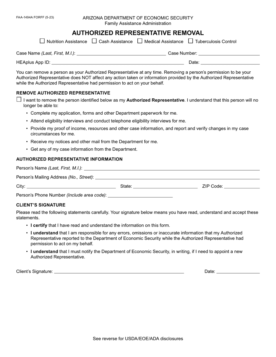 Form FAA-1494A Authorized Representative Removal - Arizona, Page 1