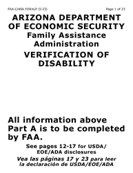 Document preview: Form FAA-1249A-XLP Verification of Disability (Extra Large Print) - Arizona (English/Spanish)
