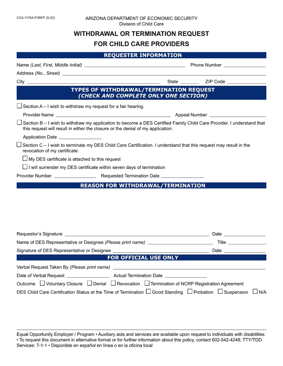 Form CCA-1170A Withdrawal or Termination Request for Child Care Providers - Arizona, Page 1