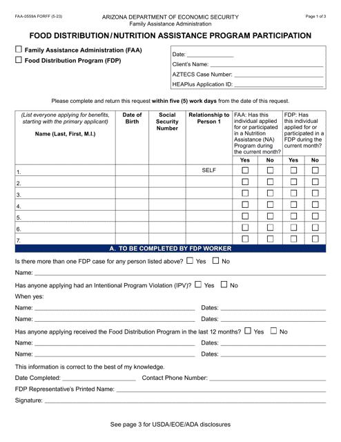 Form FAA-0559A Food Distribution/Nutrition Assistance Program Participation - Arizona