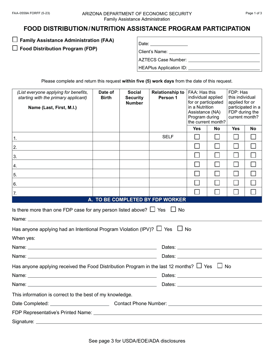 Form FAA-0559A Food Distribution / Nutrition Assistance Program Participation - Arizona, Page 1