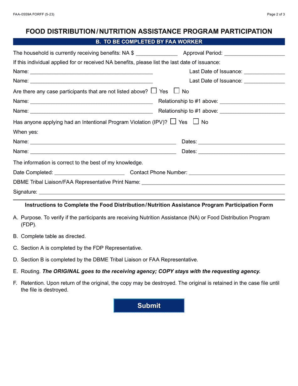 Form FAA-0559A Food Distribution / Nutrition Assistance Program Participation - Arizona, Page 2