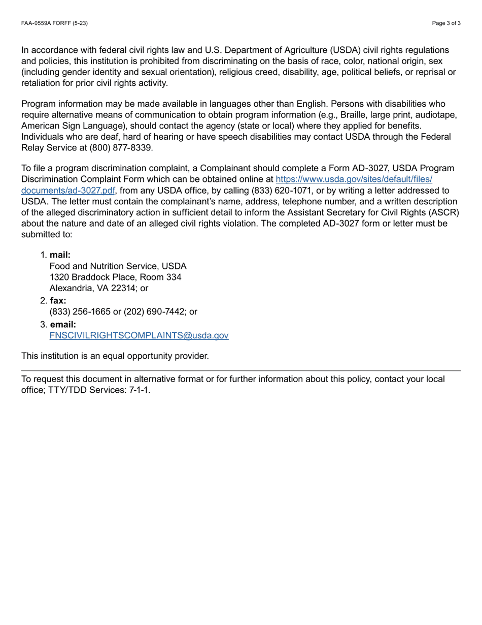 Form FAA-0559A Food Distribution / Nutrition Assistance Program Participation - Arizona, Page 3