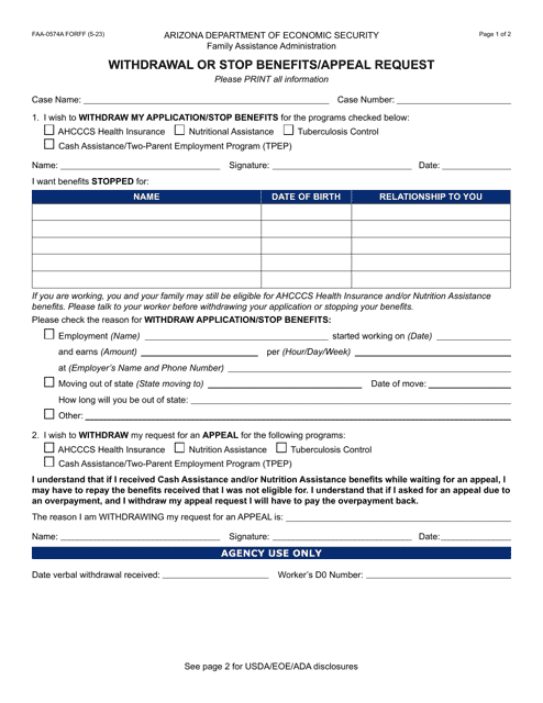 Form FAA-0574A Withdrawal or Stop Benefits/Appeal Request - Arizona