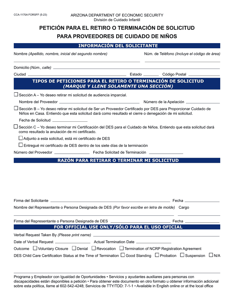 Formulario CCA-1170A-S Peticion Para El Retiro O Terminacion De Solicitud Para Proveedores De Cuidado De Ninos - Arizona (Spanish), Page 1