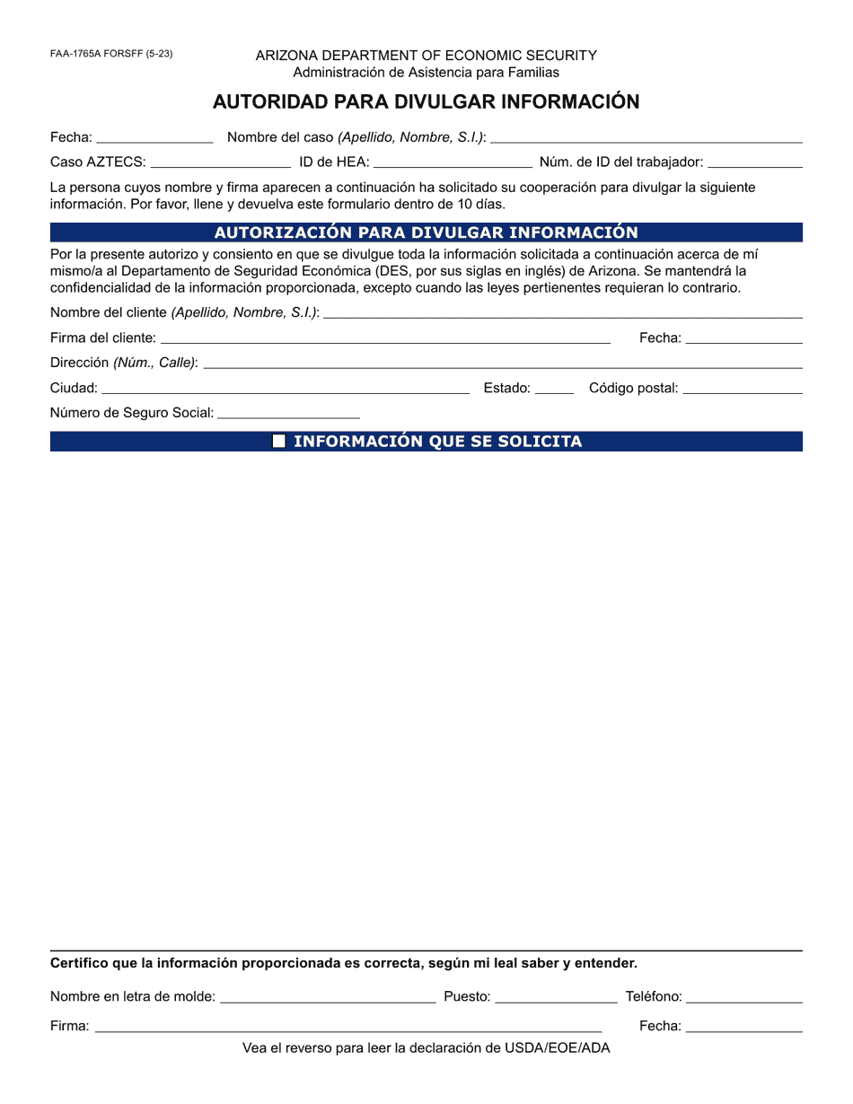 Formulario FAA-1765A-S Autoridad Para Divulgar Informacion - Arizona (Spanish), Page 1