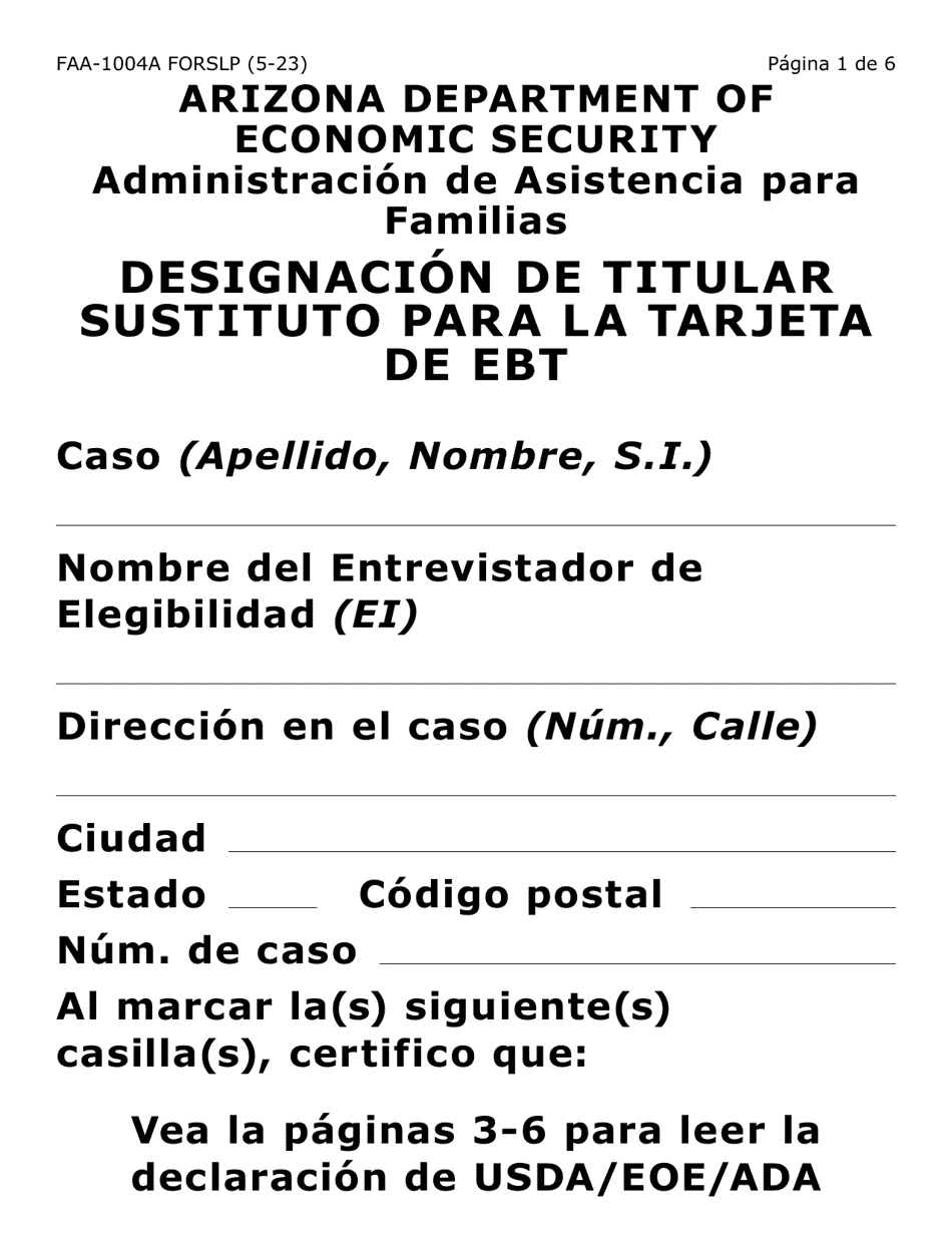 Formulario FAA-1004A-SLP Designacion De Titular Sustituto Para La Tarjeta De Ebt (Letra Grande) - Arizona (Spanish), Page 1