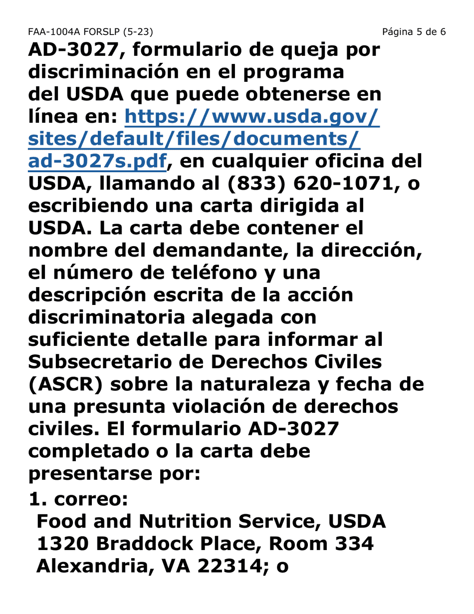 Formulario FAA-1004A-SLP Designacion De Titular Sustituto Para La Tarjeta De Ebt (Letra Grande) - Arizona (Spanish), Page 5
