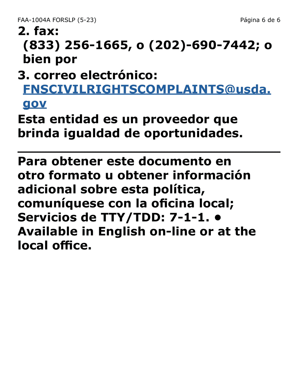 Formulario FAA-1004A-SLP Designacion De Titular Sustituto Para La Tarjeta De Ebt (Letra Grande) - Arizona (Spanish), Page 6