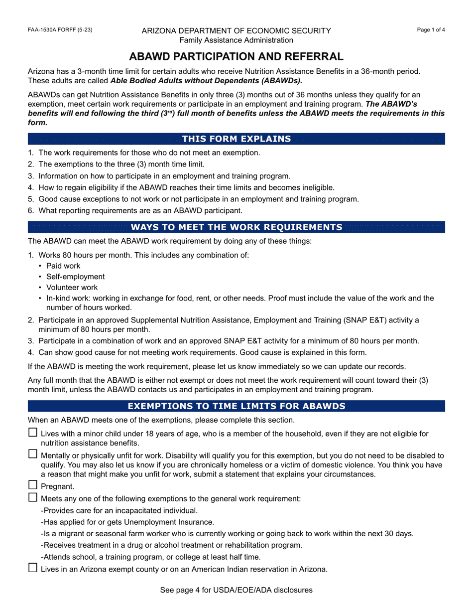 Form FAA-1530A Abawd Participation and Referral - Arizona, Page 1