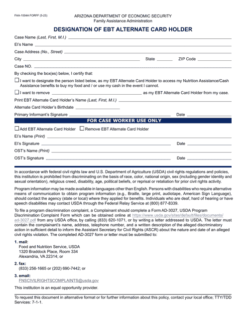 Form FAA-1004A Designation of Ebt Alternate Card Holder - Arizona