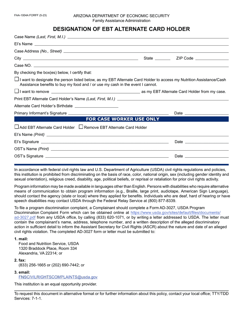 Form FAA-1004A Designation of Ebt Alternate Card Holder - Arizona, Page 1