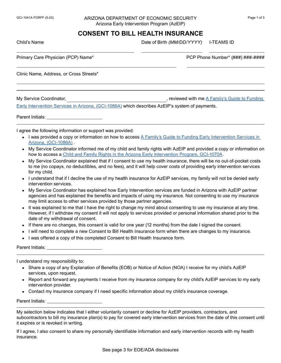 Form GCI-1041A Consent to Bill Health Insurance - Arizona, Page 1