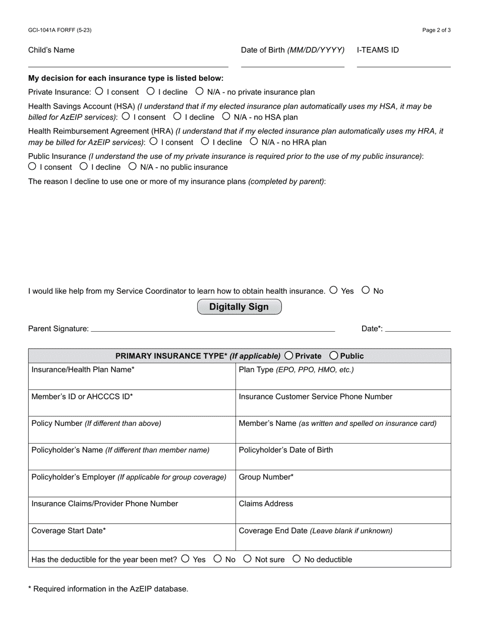 Form GCI-1041A Consent to Bill Health Insurance - Arizona, Page 2