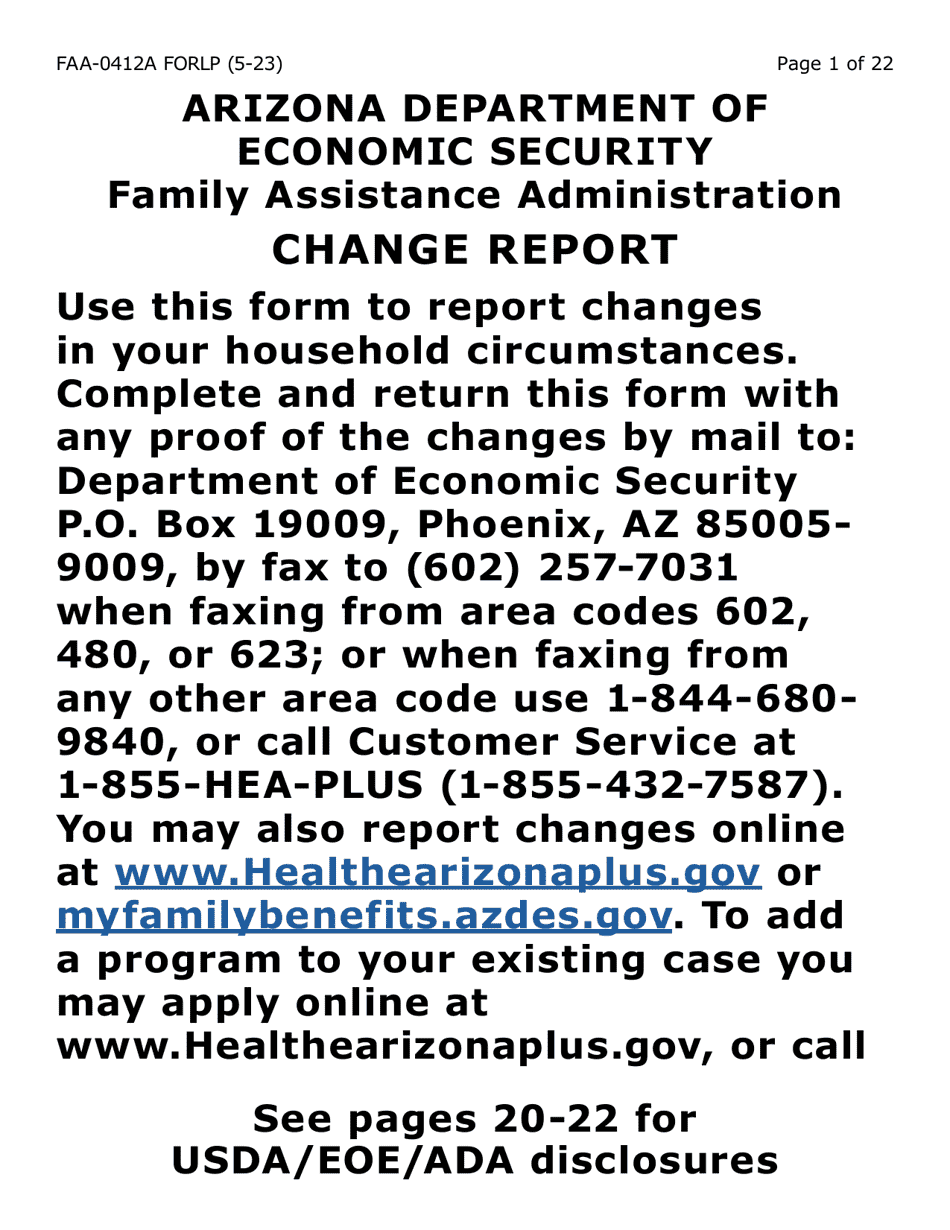 Form FAA-0412A-LP change Report (Large Print) - Arizona, Page 1