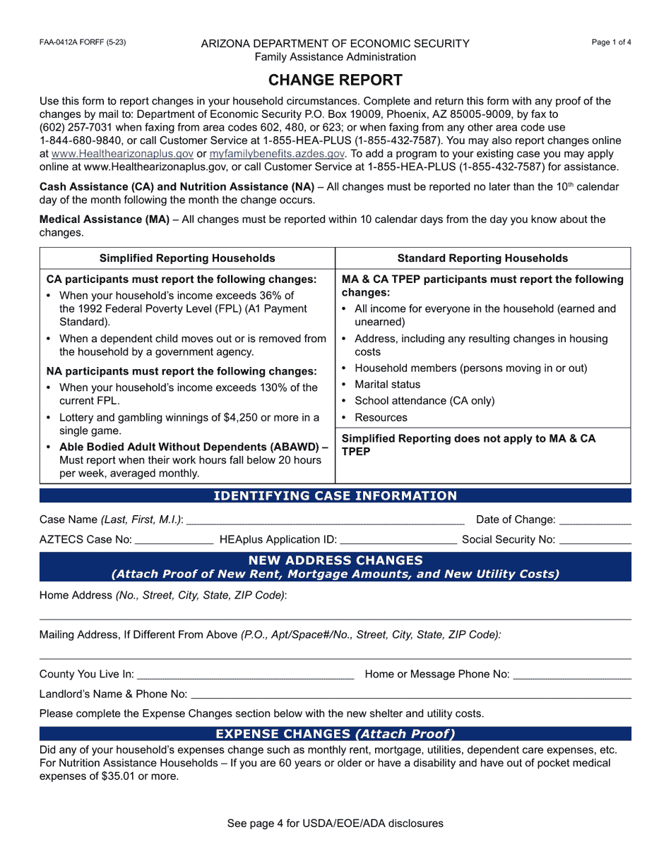 Form FAA-0412A Change Report - Arizona, Page 1