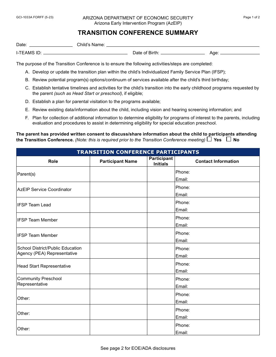 Form GCI-1033A Transition Conference Summary - Arizona, Page 1