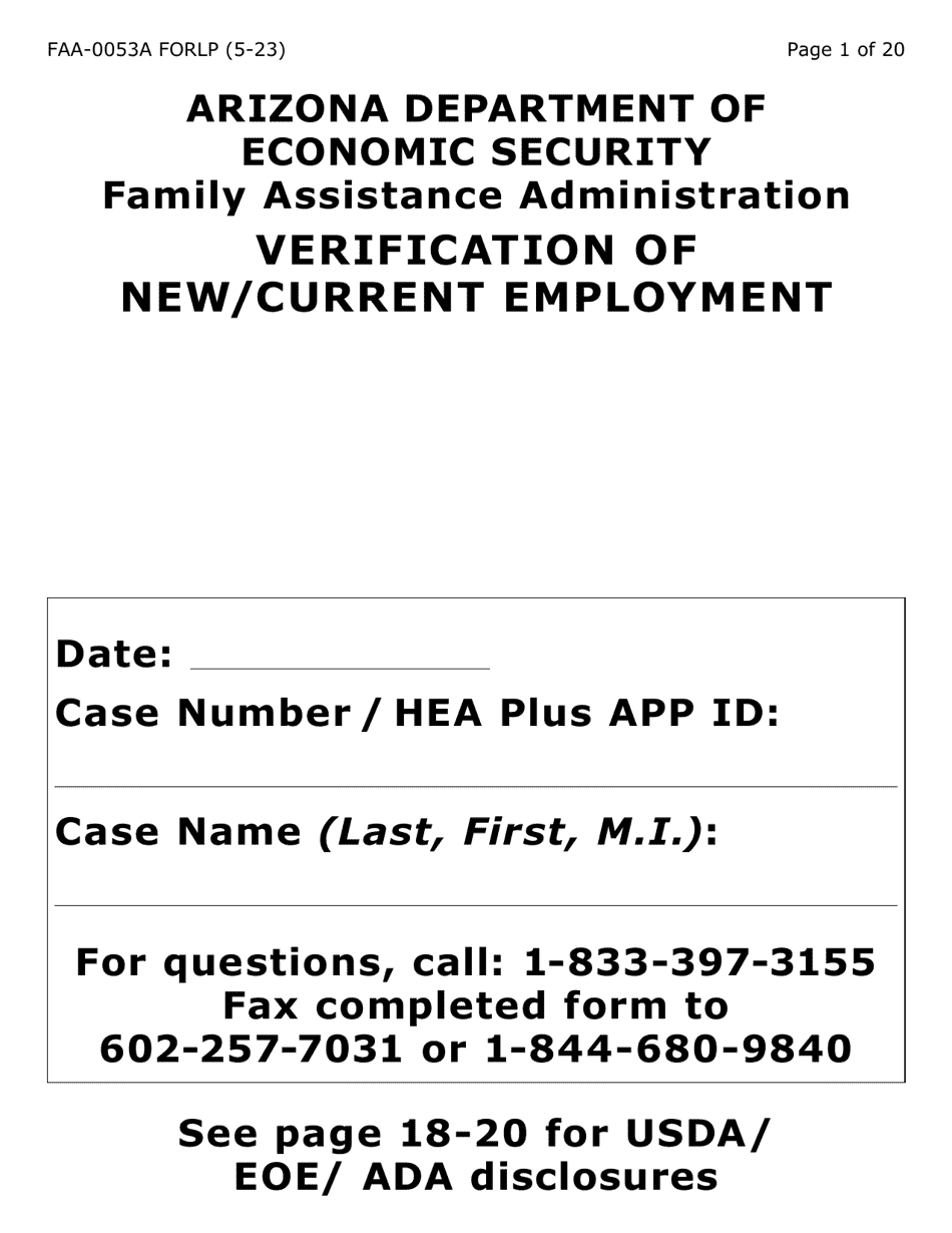 Form FAA-0053A-LP Verification of New / Current Employment (Large Print) - Arizona (English / Spanish), Page 1