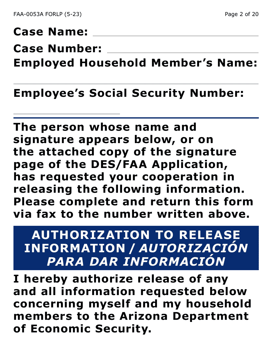 Form FAA-0053A-LP Verification of New / Current Employment (Large Print) - Arizona (English / Spanish), Page 2