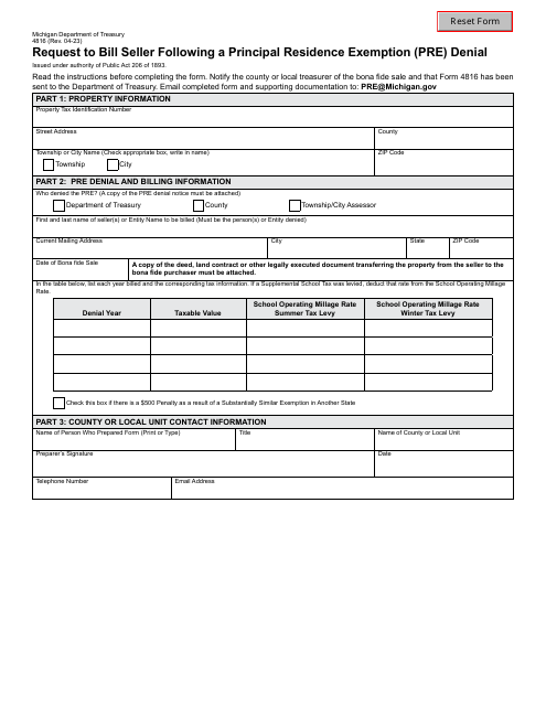 Form 4816 Request to Bill Seller Following a Principal Residence Exemption (Pre) Denial - Michigan