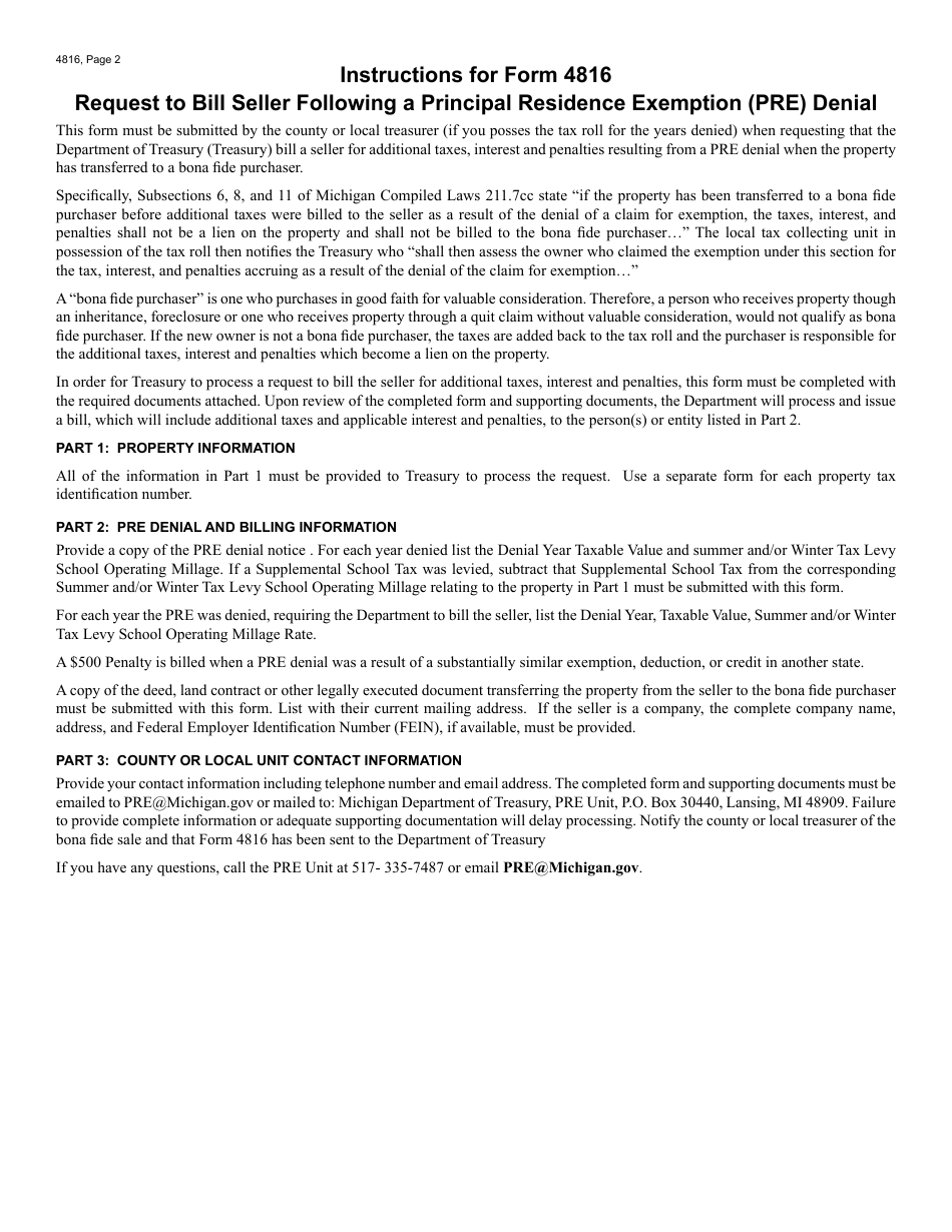 Form 4816 Request to Bill Seller Following a Principal Residence Exemption (Pre) Denial - Michigan, Page 2