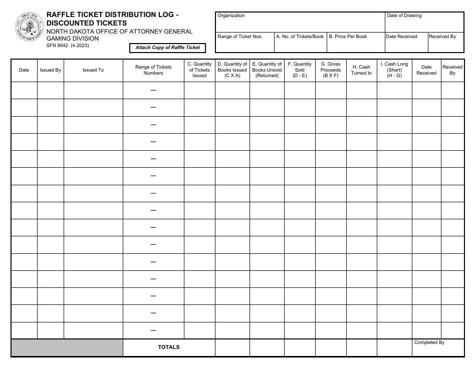 Form SFN9942 Raffle Ticket Distribution Log - Discounted Tickets - North Dakota, Page 1