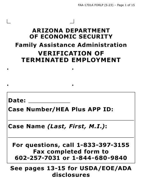 Form FAA-1701A-LP Verification of Terminated Employment (Large Print) - Arizona (English/Spanish)