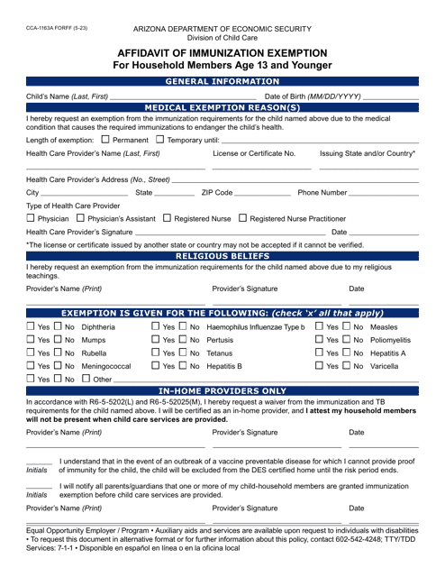 Form CCA-1163A Affidavit of Immunization Exemption for Household Members Age 13 and Younger - Arizona