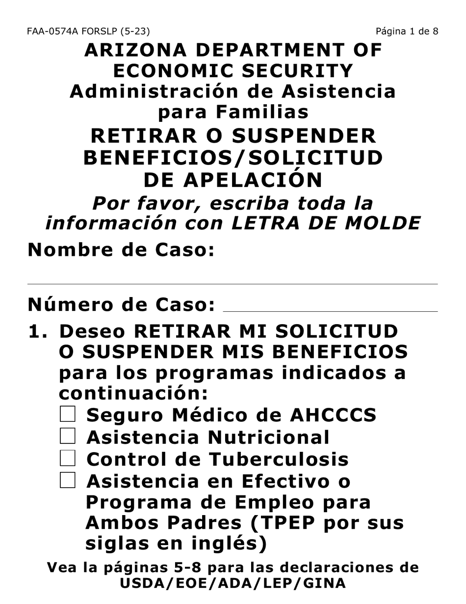 Formulario FAA-0574A-SLP Retirar O Suspender Beneficios / Solicitud De Apelacion (Letra Grande) - Arizona (Spanish), Page 1