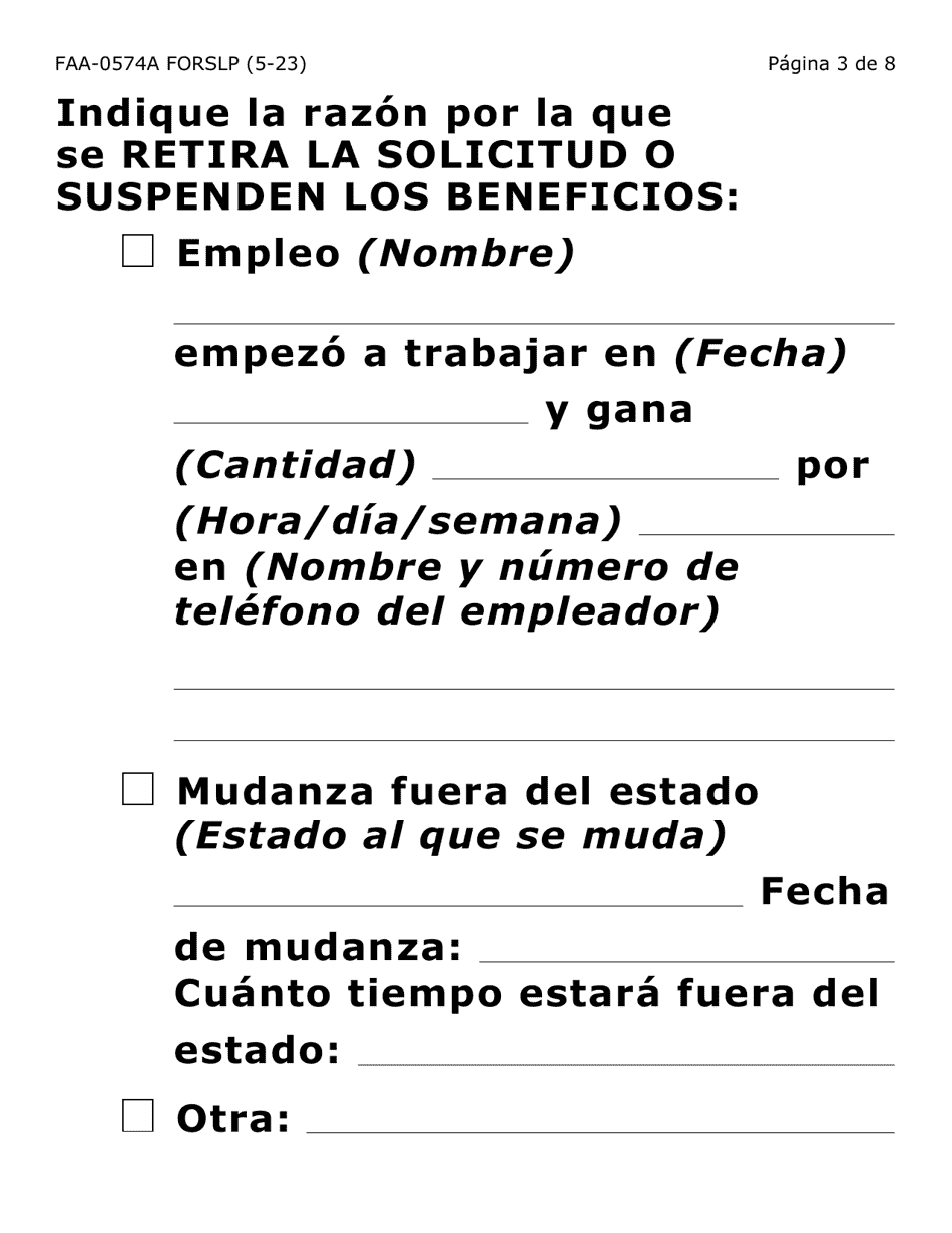 Formulario FAA-0574A-SLP Retirar O Suspender Beneficios / Solicitud De Apelacion (Letra Grande) - Arizona (Spanish), Page 3