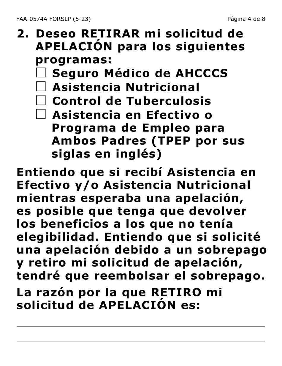 Formulario FAA-0574A-SLP Retirar O Suspender Beneficios / Solicitud De Apelacion (Letra Grande) - Arizona (Spanish), Page 4