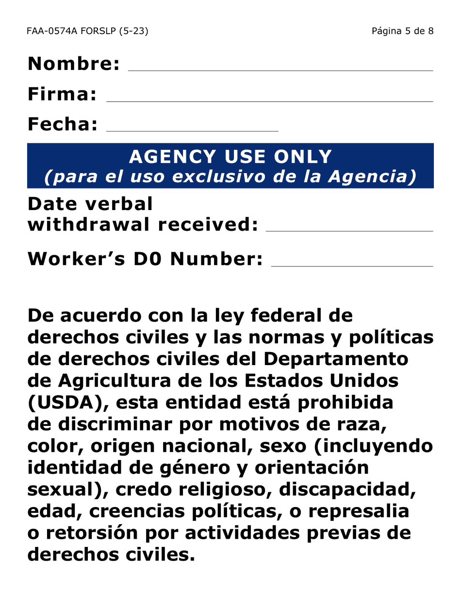 Formulario FAA-0574A-SLP Retirar O Suspender Beneficios / Solicitud De Apelacion (Letra Grande) - Arizona (Spanish), Page 5