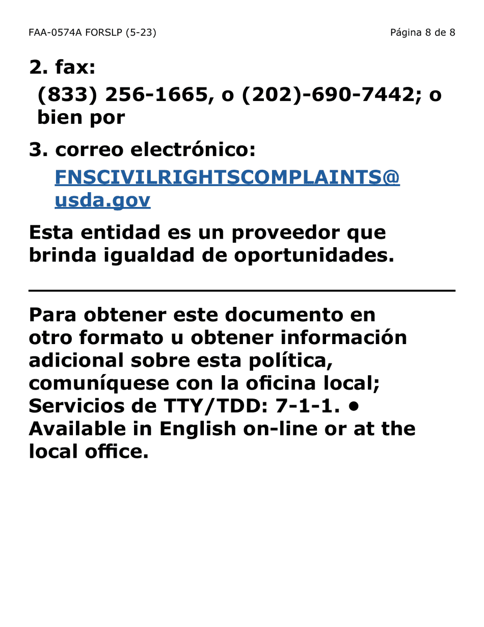 Formulario FAA-0574A-SLP Retirar O Suspender Beneficios / Solicitud De Apelacion (Letra Grande) - Arizona (Spanish), Page 8