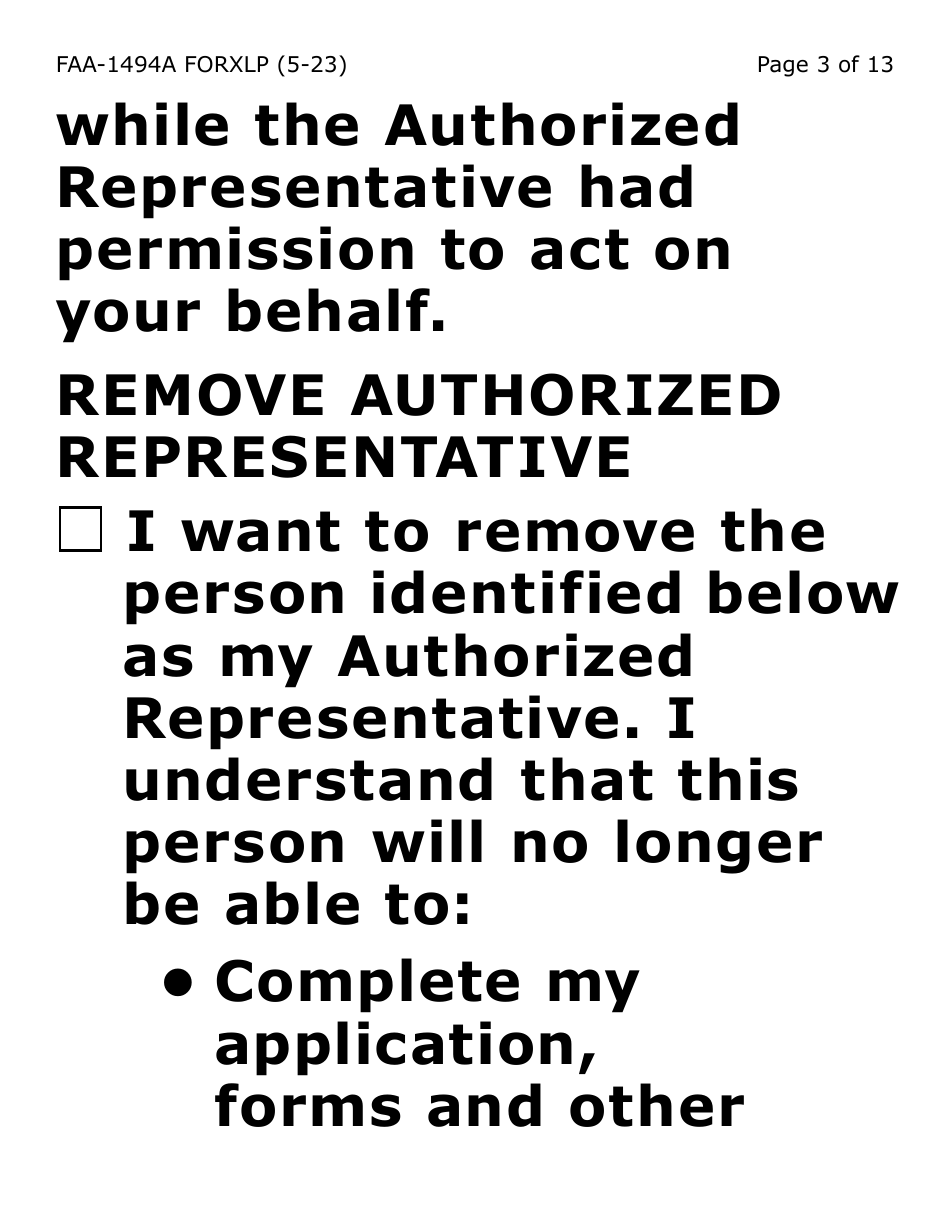 Form FAA-1494A-XLP Authorized Representative Removal (Extra Large Print) - Arizona, Page 3