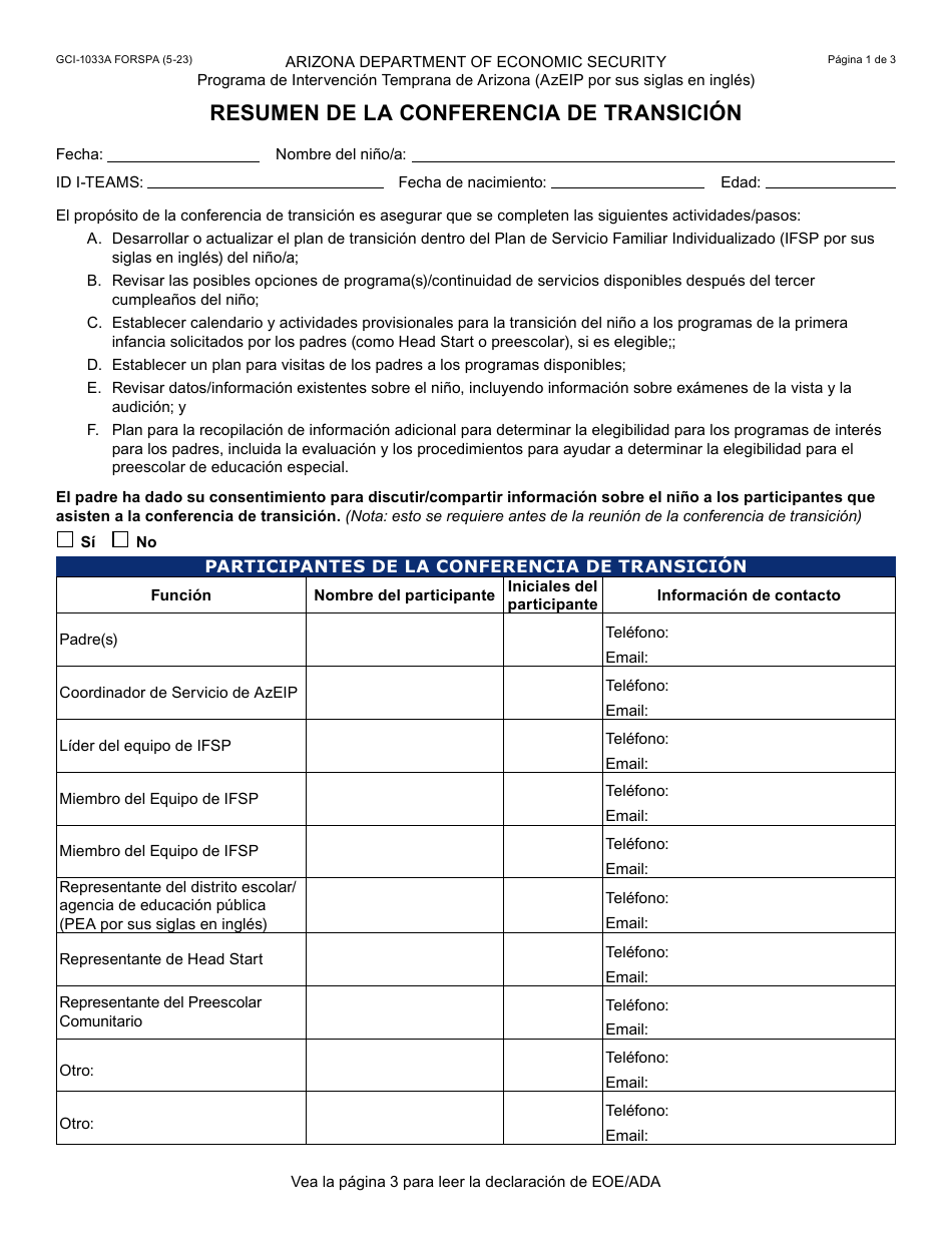 Formulario GCI-1033A-S Resumen De La Conferencia De Transicion - Arizona (Spanish), Page 1