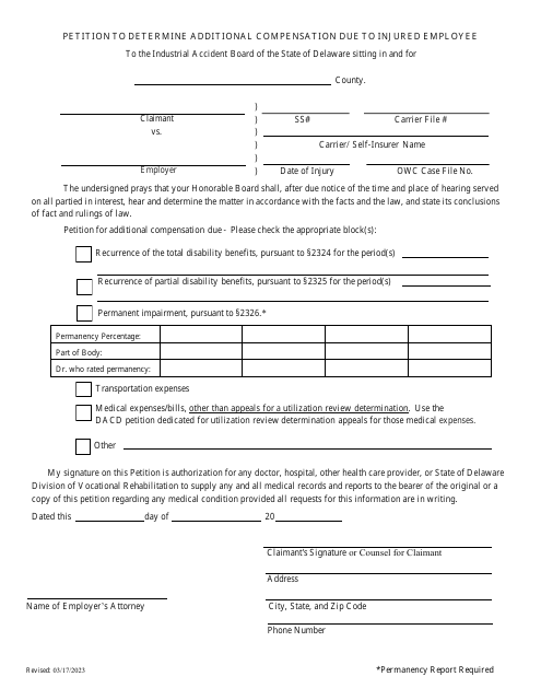 Petition to Determine Additional Compensation Due to Injured Employee - Delaware Download Pdf