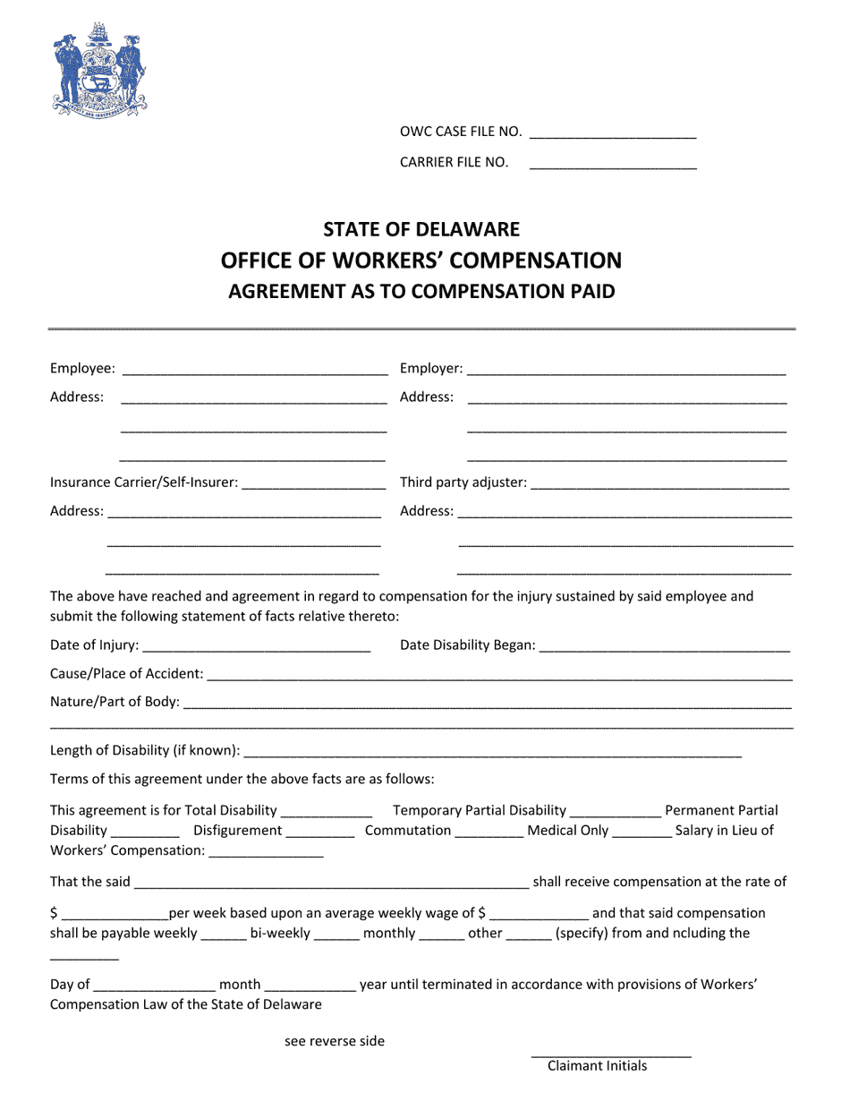 Agreement as to Compensation Paid - Delaware, Page 1
