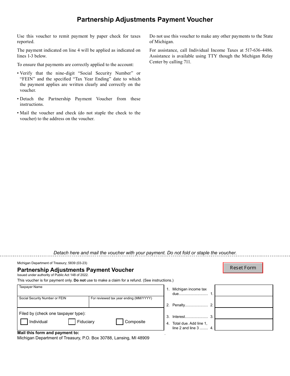 Form 5839 Partnership Adjustments Payment Voucher - Michigan, Page 1