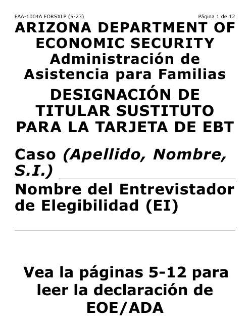 Formulario FAA-1004A-SXLP Designacion De Titular Sustituto Para La Tarjeta De Ebt (Letra Extra Grande) - Arizona (Spanish)