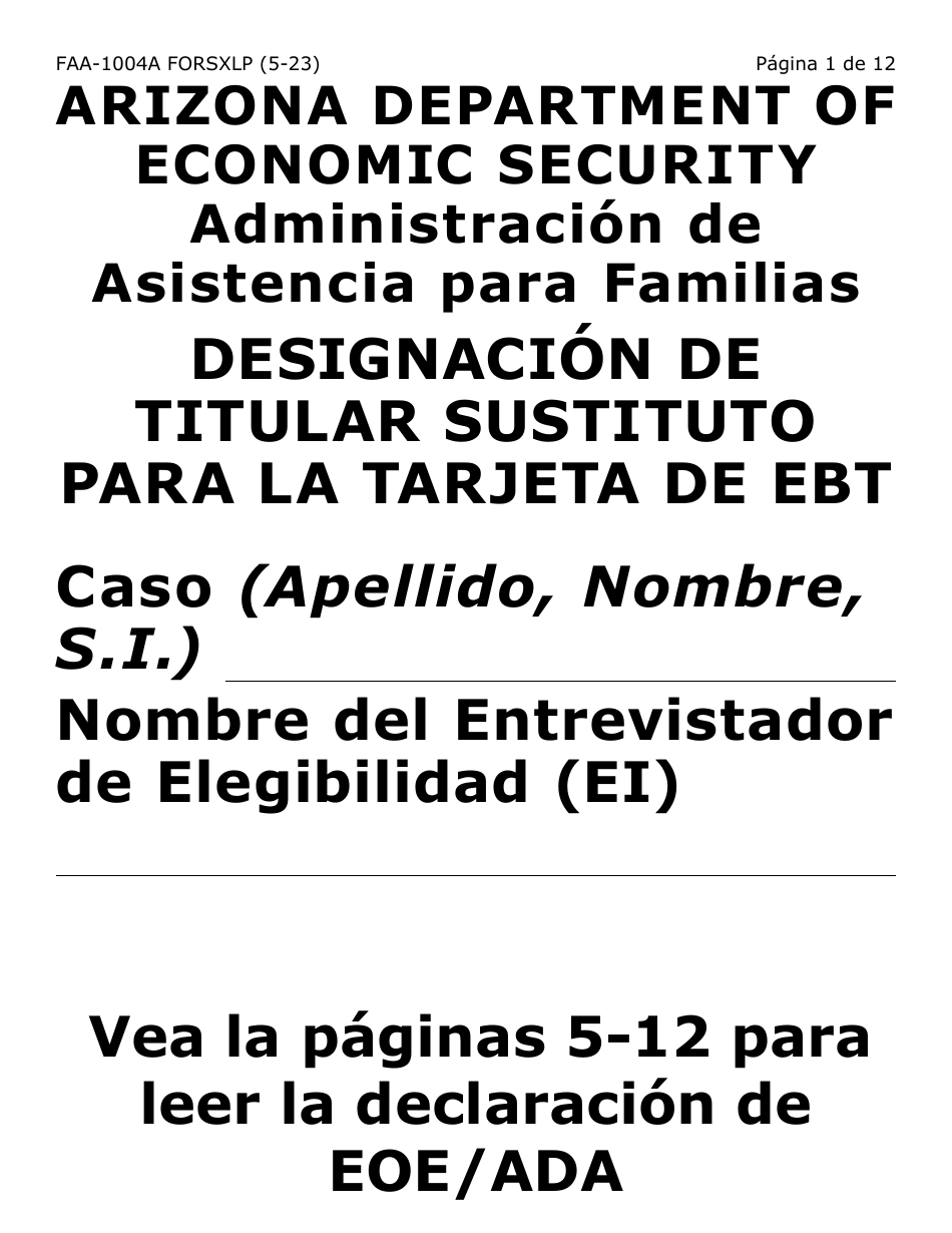 Formulario FAA-1004A-SXLP Designacion De Titular Sustituto Para La Tarjeta De Ebt (Letra Extra Grande) - Arizona (Spanish), Page 1