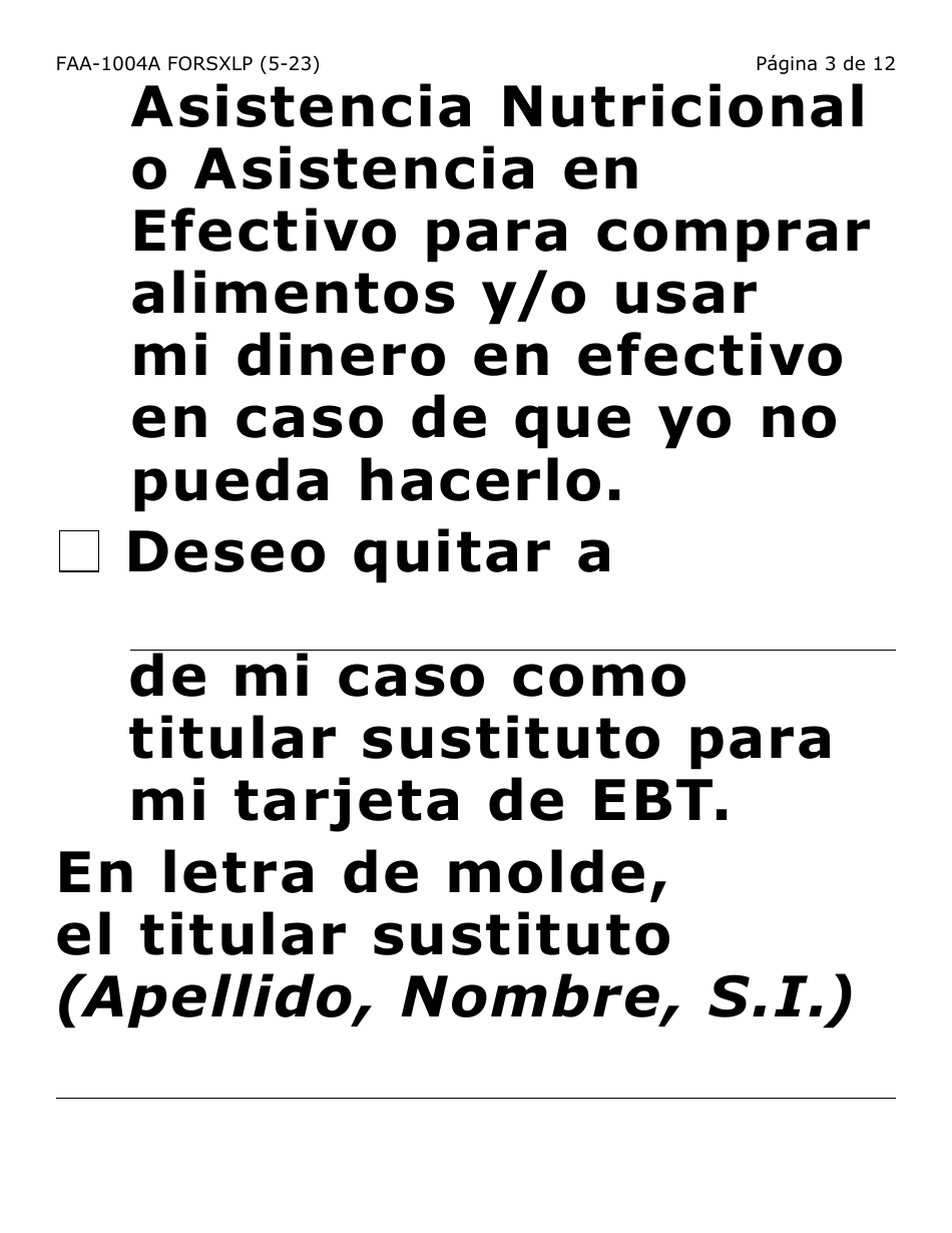 Formulario FAA-1004A-SXLP Designacion De Titular Sustituto Para La Tarjeta De Ebt (Letra Extra Grande) - Arizona (Spanish), Page 3