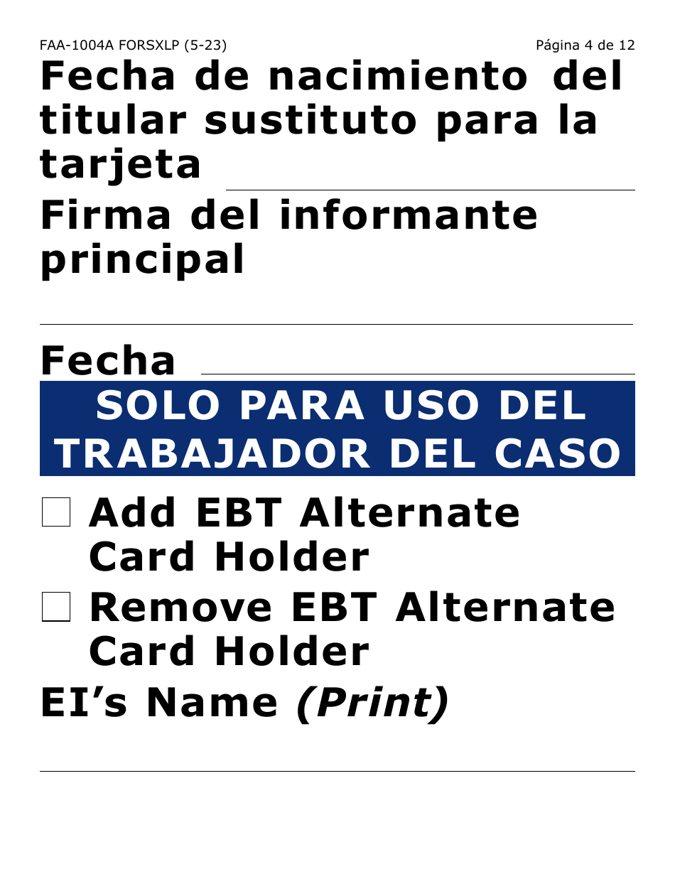 Formulario FAA-1004A-SXLP Designacion De Titular Sustituto Para La Tarjeta De Ebt (Letra Extra Grande) - Arizona (Spanish), Page 4