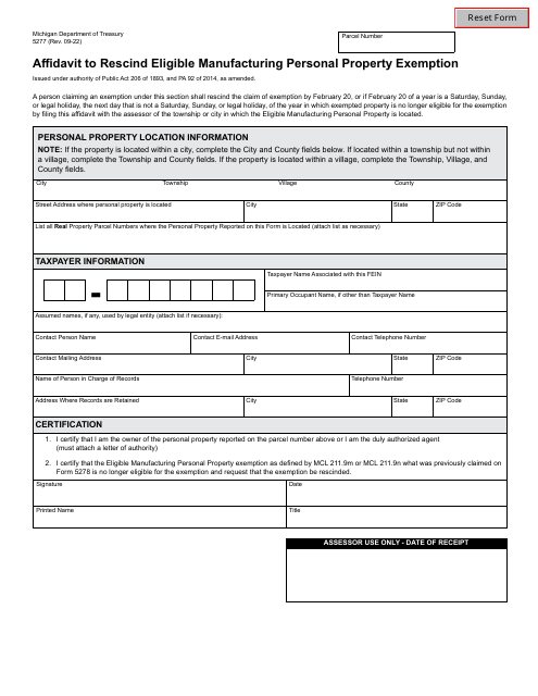 Form 5277 Affidavit to Rescind Eligible Manufacturing Personal Property Exemption - Michigan