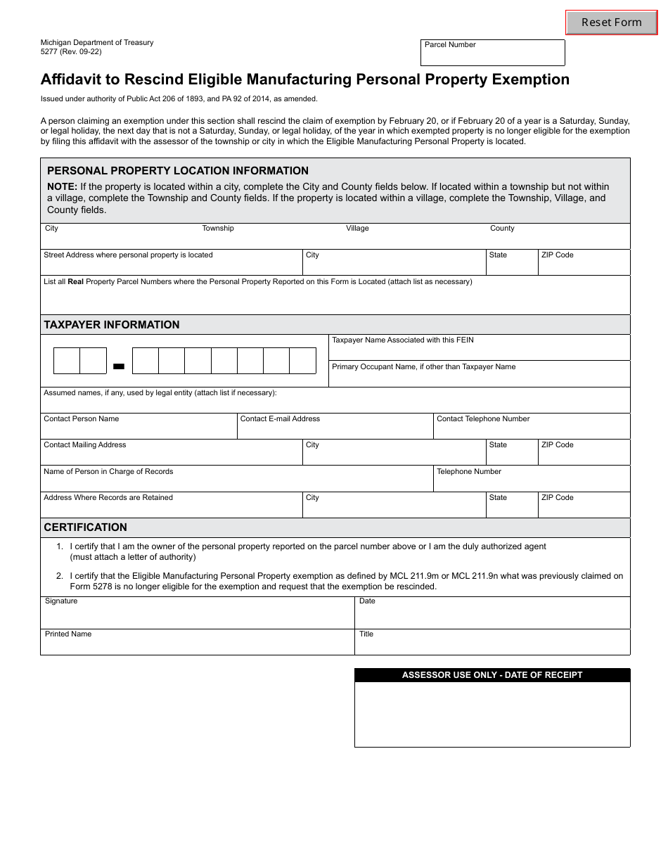 Form 5277 Affidavit to Rescind Eligible Manufacturing Personal Property Exemption - Michigan, Page 1