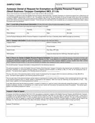 Document preview: Assessor Denial of Request for Exemption as Eligible Personal Property (Small Business Taxpayer Exemption) Mcl 211.9o - Michigan