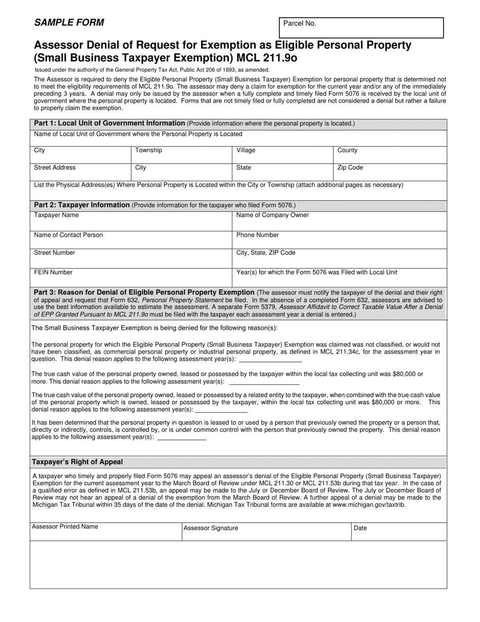Assessor Denial of Request for Exemption as Eligible Personal Property (Small Business Taxpayer Exemption) Mcl 211.9o - Michigan, Page 1