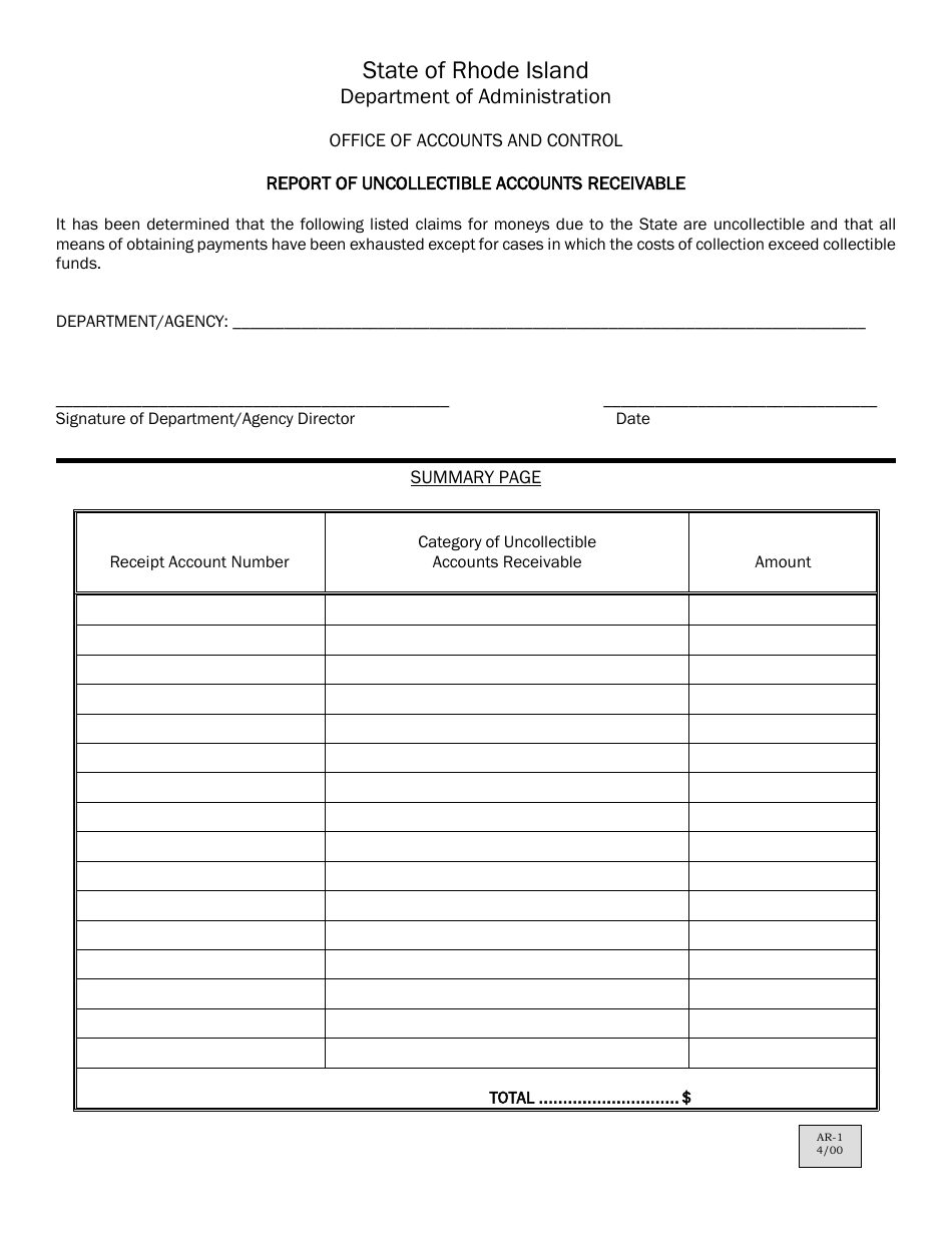 Form AR-1 Report of Uncollectible Accounts Receivable - Rhode Island, Page 1