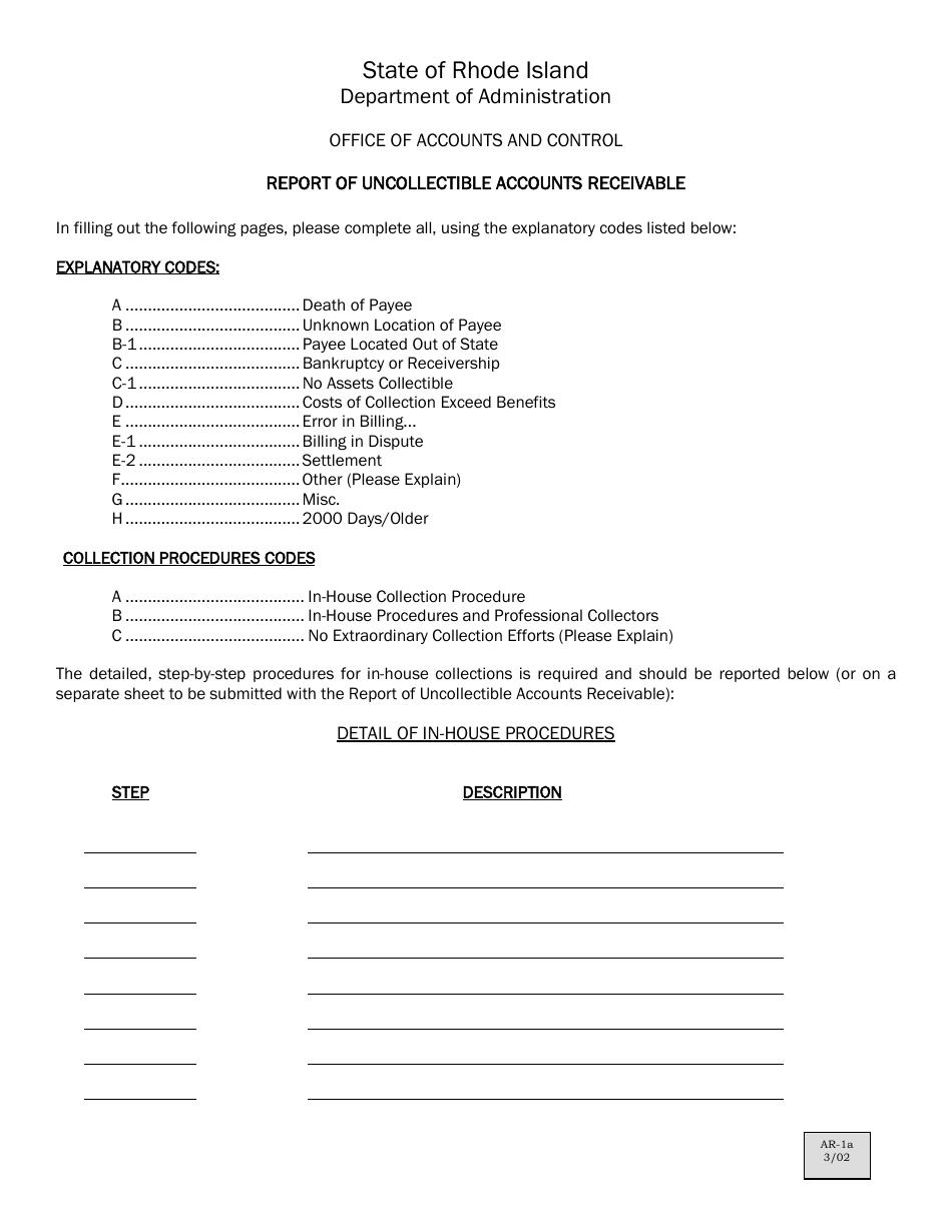Form AR-1 Report of Uncollectible Accounts Receivable - Rhode Island, Page 2