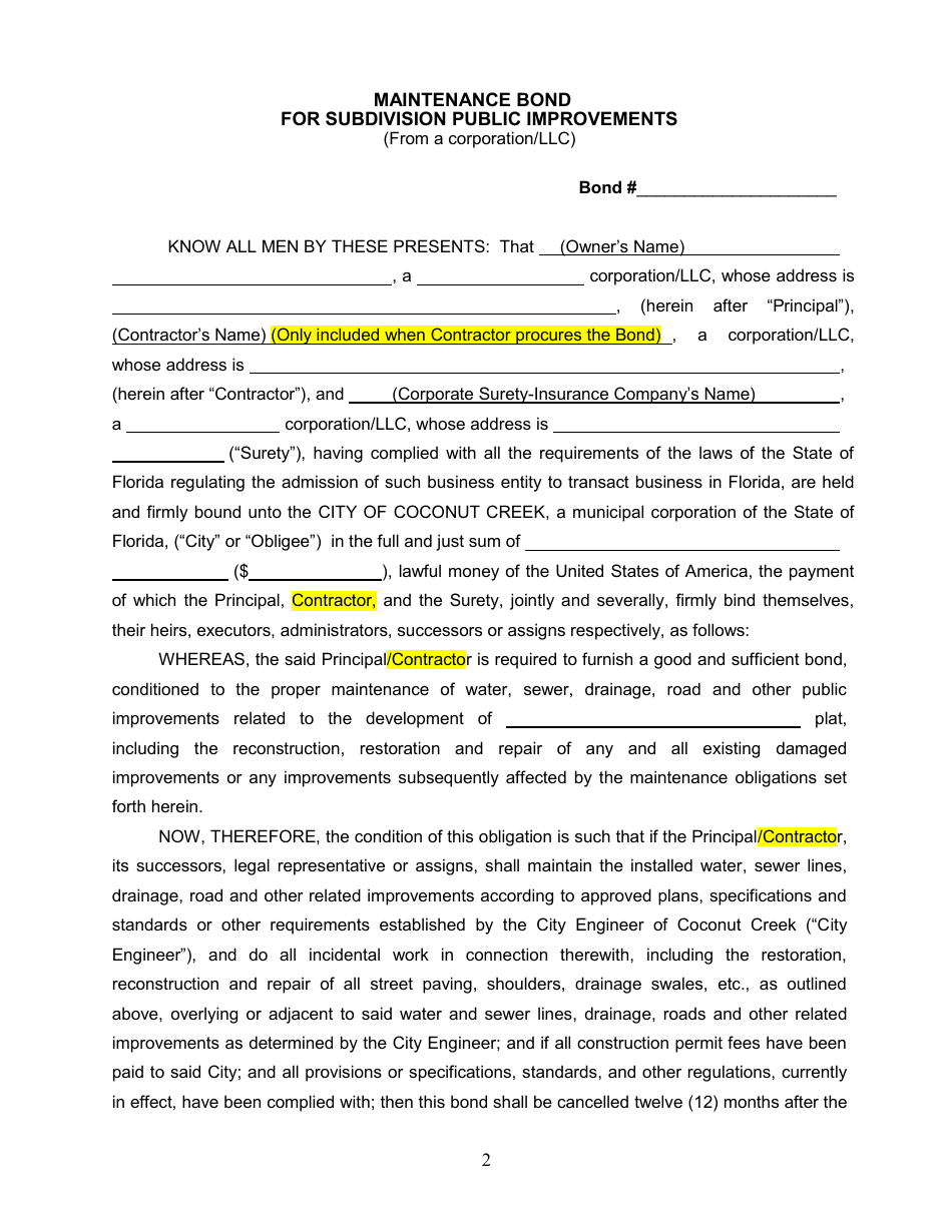 Maintenance Bond for Subdivision Public Improvements - City of Coconut Creek, Florida, Page 2