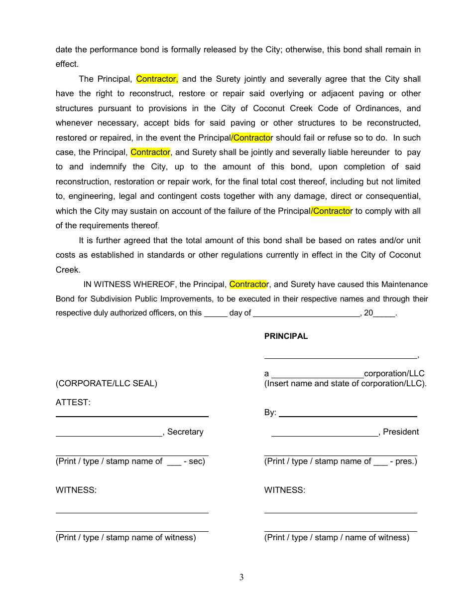 Maintenance Bond for Subdivision Public Improvements - City of Coconut Creek, Florida, Page 3